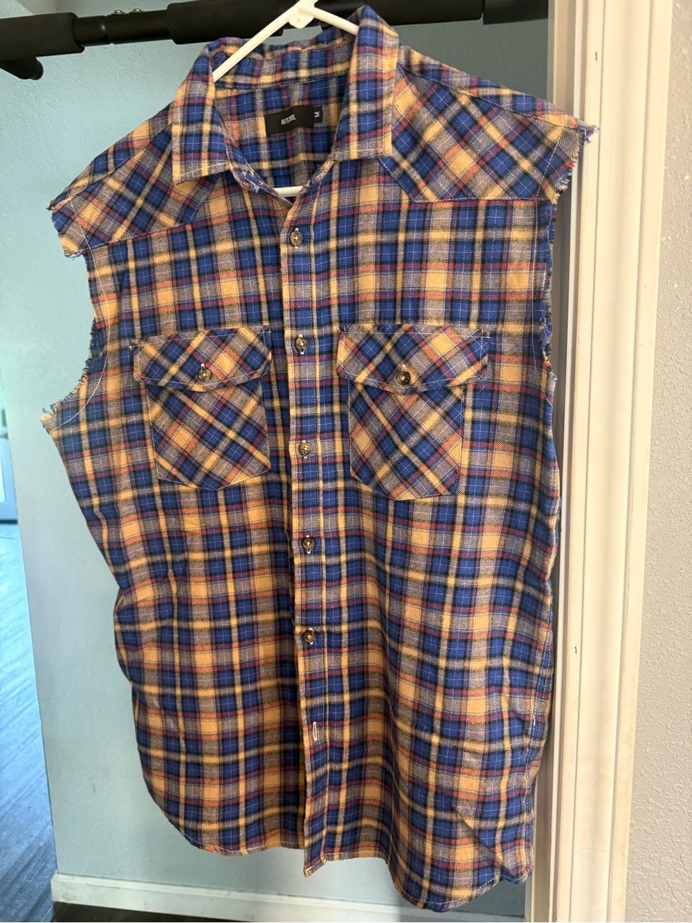 Sleeveless Blue & Yellow Plaid Flannel Shirt